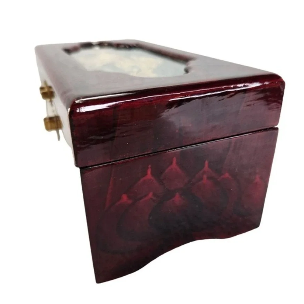 Lacquered Wood Jewelry Box Cork Diorama Pagoda Cranes Footed‎ Trinket Box READ